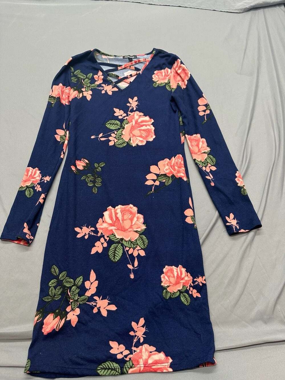 Feathers Blue Floral Long Sleeve Crisscross V-Neck Dress